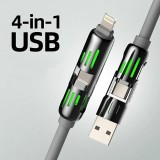 USB 4-in-1 Schnelllade-Kabel 30W | USB-C zu USB anti-verwickelndes Silikon RGB-LED Multi-Geräte-Kompatibilität und langlebig (2 m) - Grau